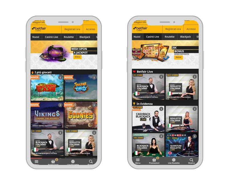 Betfair Casino mobile app on two phones - the slots lobby with new game tiles on the left and the live casino lobby with blackjack and roulette tables on the right