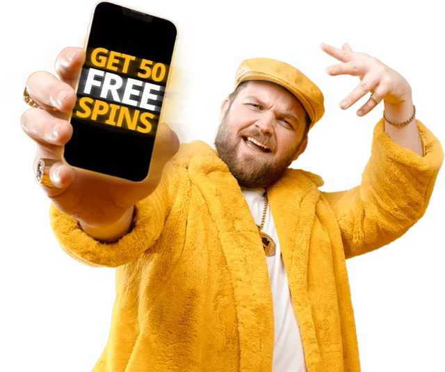 Player in a yellow coat showing a phone with 50 free spins