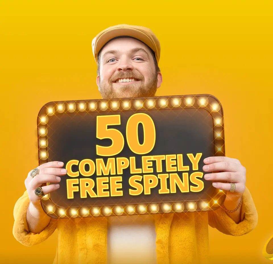 Betfair Casino new customer offer art - a smiling player holding a light-bulb sign that reads 50 completely free spins