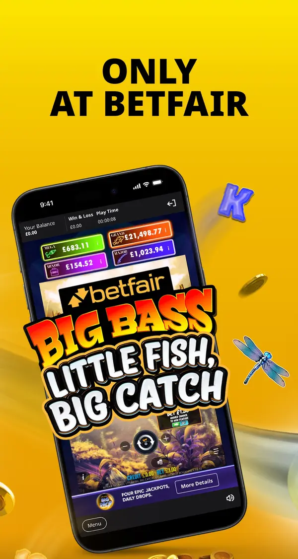 Betfair Casino app lobby on a phone with the Big Bass Little Fish Big Catch slot, under the headline Only at Betfair