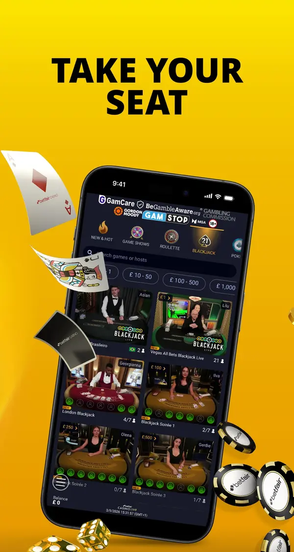 Betfair live casino lobby on a phone with blackjack and roulette tables, under the headline Take your seat