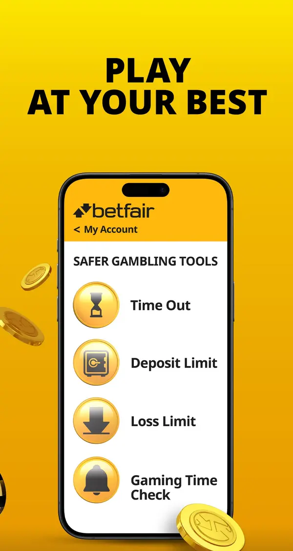 My Account screen of the Betfair Casino app with safer gambling tools: time out, deposit limit, loss limit and gaming time check